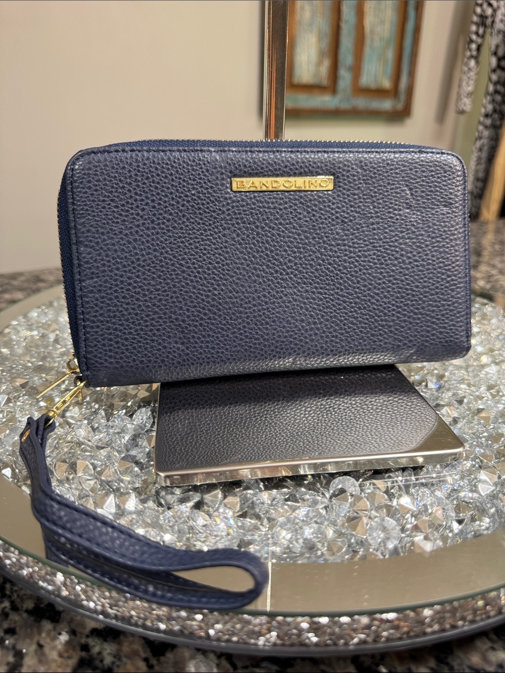 Bandolino Navy Pebbled Zip Wristlet with Gold Plaque